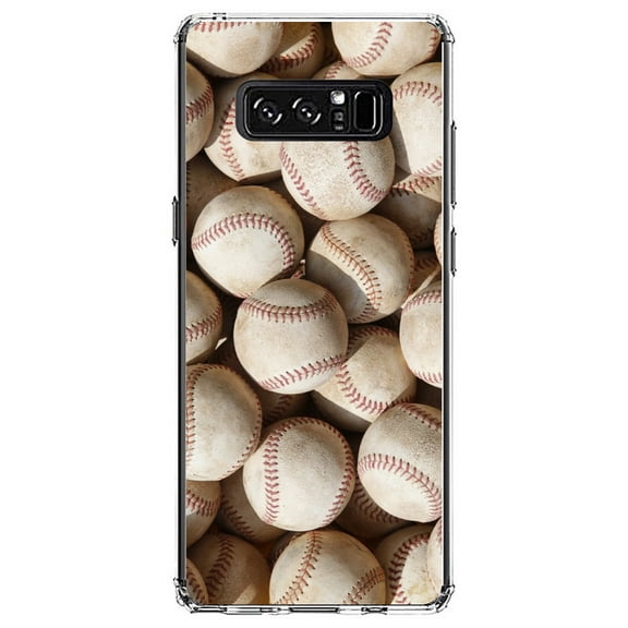 DistinctInk Clear Shockproof Hybrid Case for Samsung Galaxy Note 8 - TPU Bumper, Acrylic Back, Tempered Glass Screen Protector - Old Baseballs - Baseball