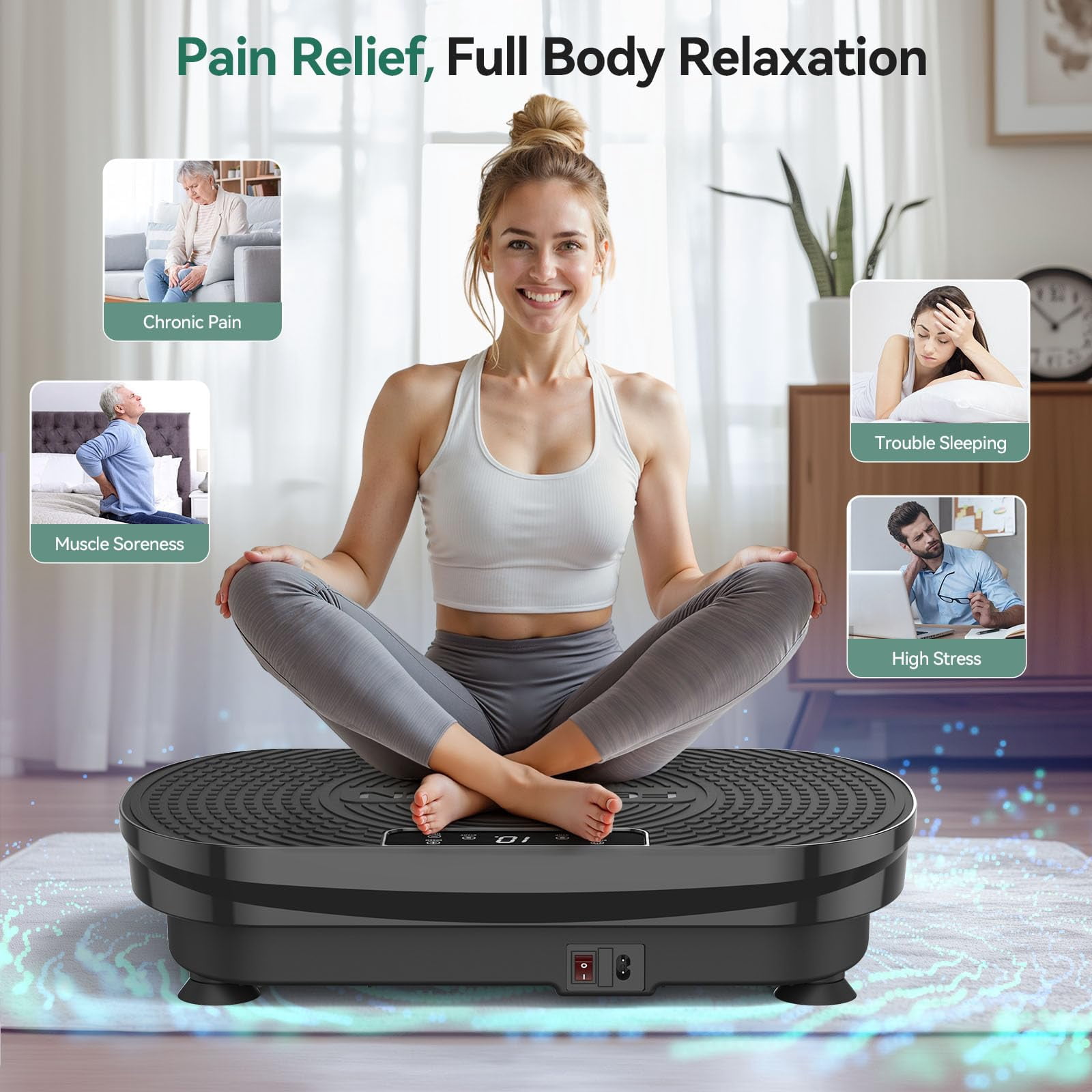 UPGO Vibration Plate Exercise Machine, Lymphatic Drainage Machine, Whole Body Workout Vibration Platform w/ 2 Resistance Bands for Weight Loss, Toning & Wellness-Black