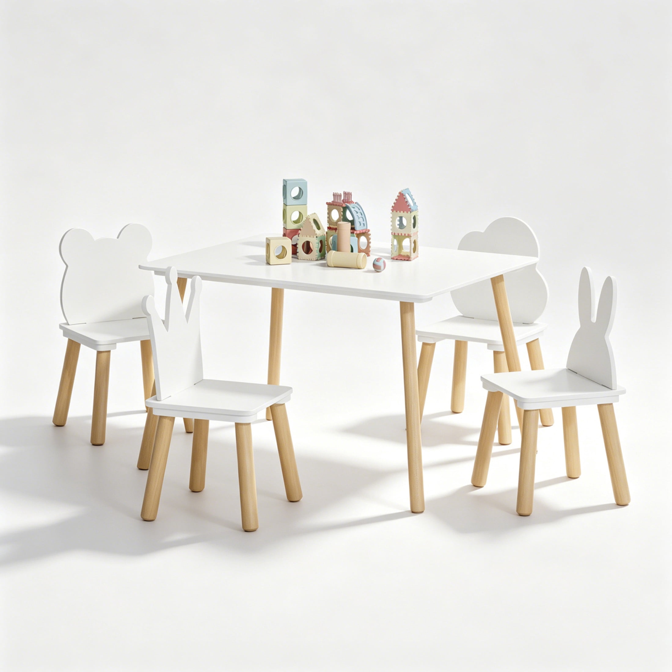 Noble House Kilby 5-Piece Kids Toddler Table & 4 Chairs Set, Animal Backrest Wooden Activity Play Set, White & Natural