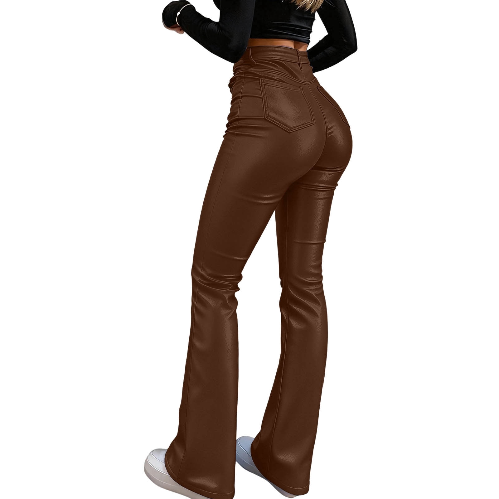 QUNYINEY Faux Leather Compression Leggings for Women Brown Casual Tummy Control Jegging with Pockets Skinny Flare Leggings