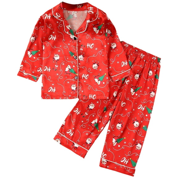 Dakiuu Boys Girls Christmas 2 Pcs Satin Pajamas Set Baby Toddlers Xmas Tree Santa Print Ice Silk Long Sleeve Button Down Shirt Tops and Wide Leg Pants Festival Sleepwear Loungewear Kids Winter Fall