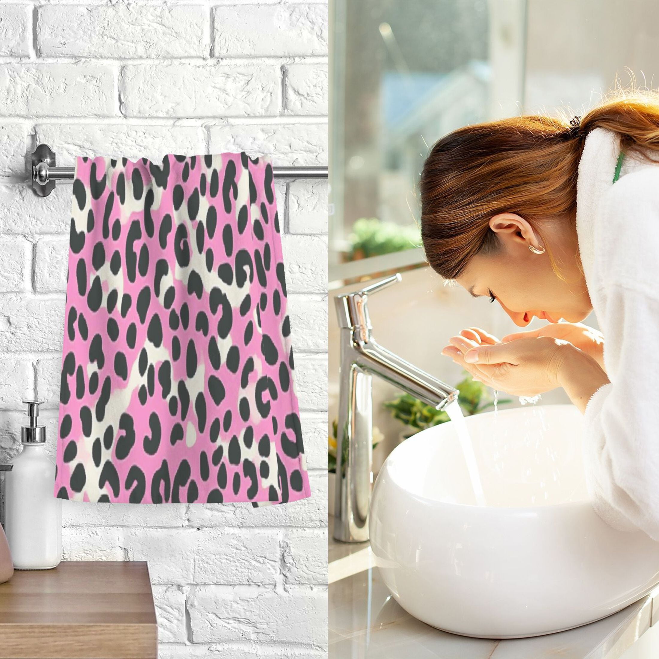 2 Pcs Absorbent Face Towel Bath Hand Towels Soft Breathable Cotton Towel Set for Bathroom Kitchen Hotel Spa Decor Pink and Black Leopard
