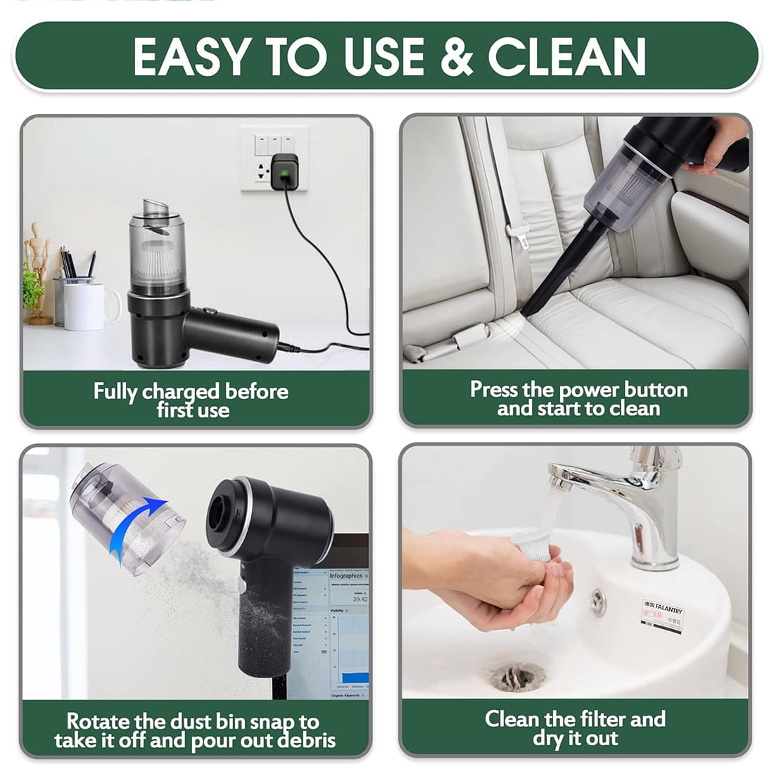 WXJHEOFD Handheld Vacuum Cordless, 8000PA Powerful Cyclonic Suction Vacuum Cleaner duster, Car Vacuum Cleaner High Power, Portable Quick Charge Hand Vacuum with Washable HEPA Filter for Car