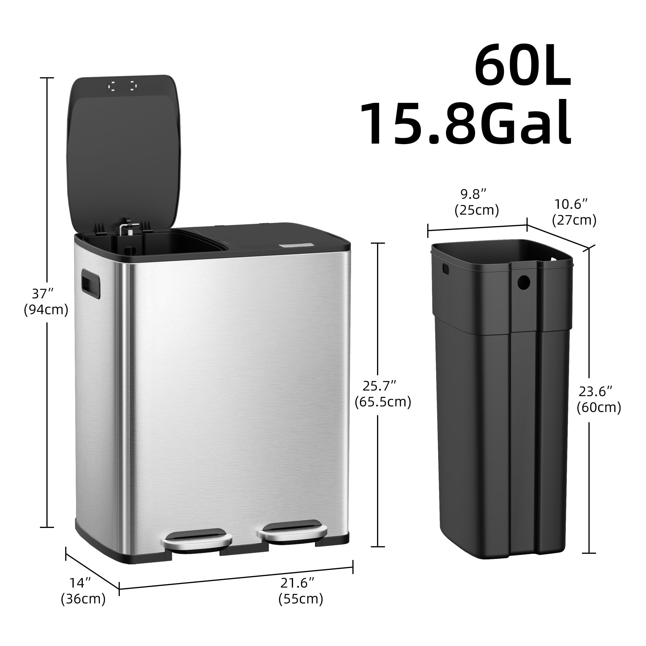 KSSKSS 16 Gallon/60L Stainless Steel  Step Garbage Can for Kitchen, with 40 Trash Bags,2 x 8 Gallon (2 x 30 L) Double Compartments with 2 Plastic Inner Buckets,Airtight,Silver