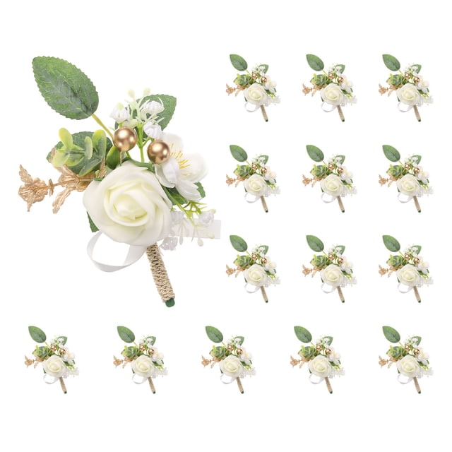 15 piezas de boutonnières de rosa blanca para hombres, novios, padrinos y novias