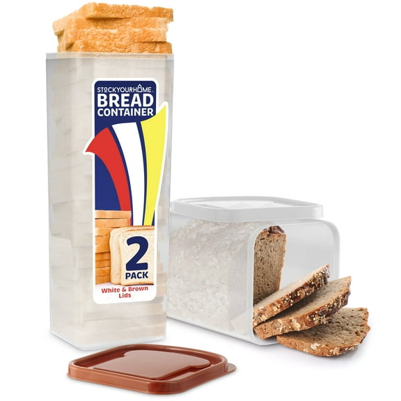 Stock Your Home Bread Container (2 Pack) Bread Loaf Keeper, Fresh Bread Storage Container, Clear Bread Saver, Bread Holder - Bread Bin for Bun, Bagel, and Bread Loaf, Plastic Bread Box (White & Brown)