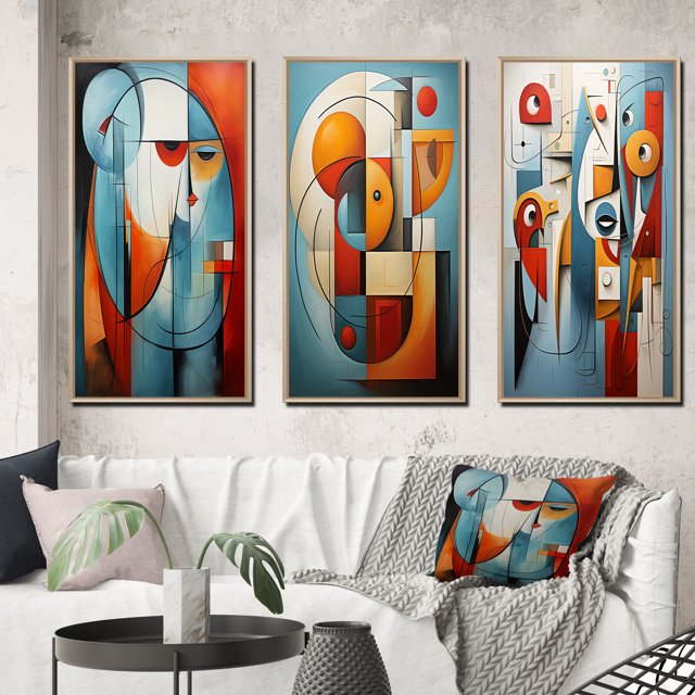 Designart "Geometric Portrait in Cubism II" Abstract Framed Wall Art Set Of 3 - Teal Cubism Frame Canvas Set For Living Room Decor