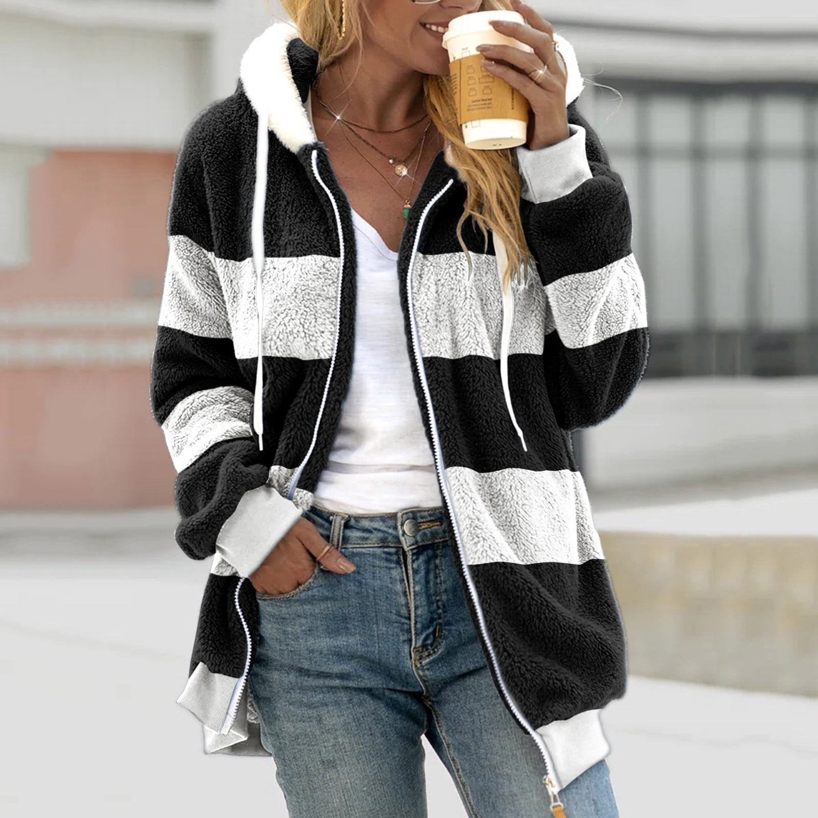 FNFYFH Ladies Plus Size Fleece Coats Color Block Long Sleeve Hooded Jackets Drawstring Winter Warm Hoodie Overcoat with Pockets Fluffy Jacket S-5XL