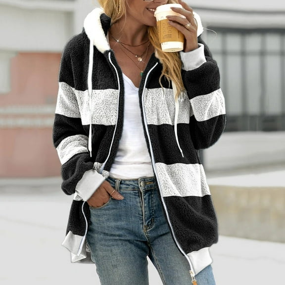 Feancey Weekly Deals 2023 Women Fuzzy Jackets Plus Size,Womens Winter Fuzzy Fleece Jacket Hooded Color Block Patchwork Cardigan Coats Outerwear with Pockets