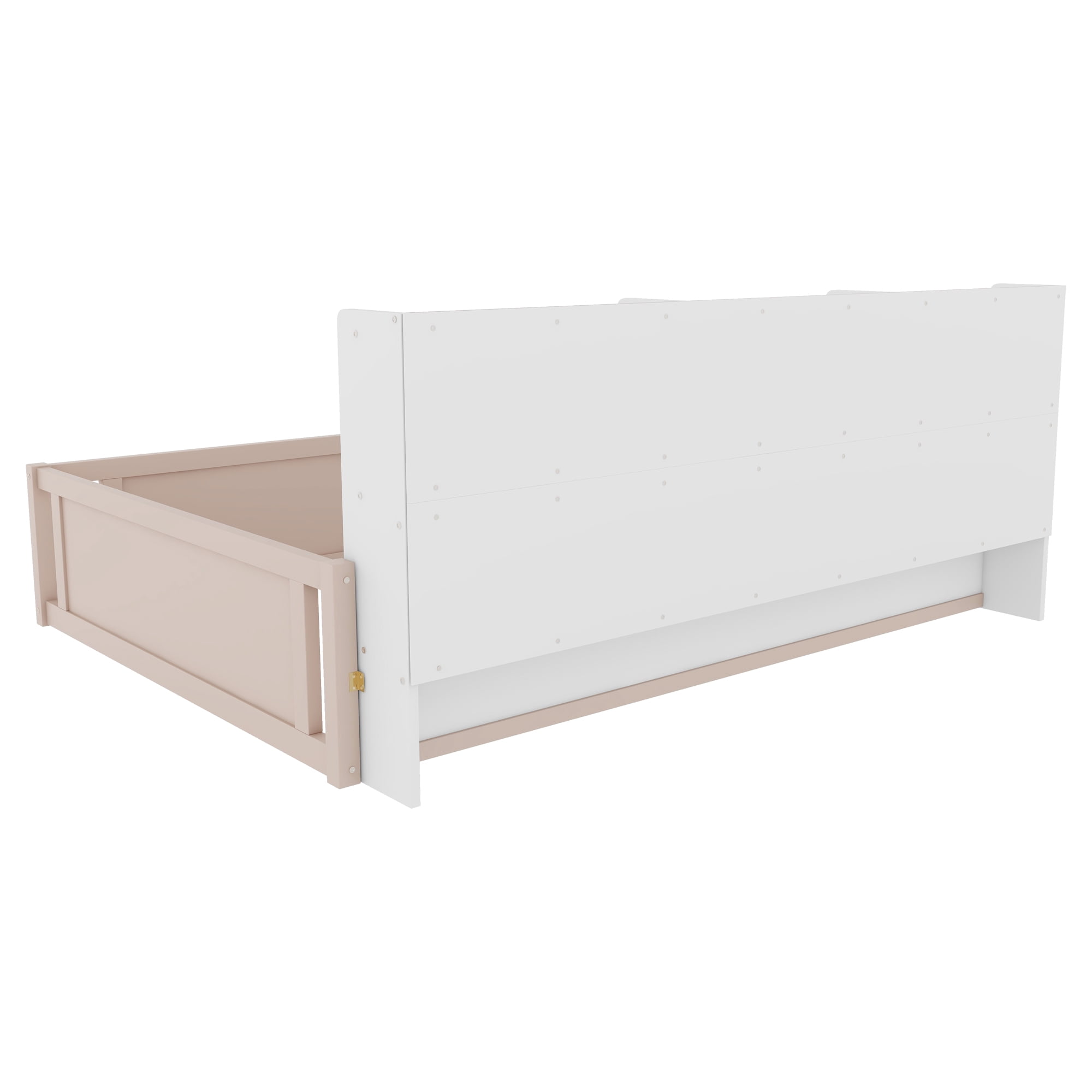 Mintazer Full Size Montessori Floor Bed with Bookcase Headboard & Guardrails, Kids Platform Bed Frame with 6 Cubby Storage Shelves for Bedroom, White & Natural