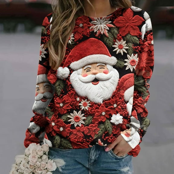 AOOCHASLIY Valentine's Women Gift Blouse Women's Christmas Printed Round Neck Long Sleeved Top Loose Fitting Sweater