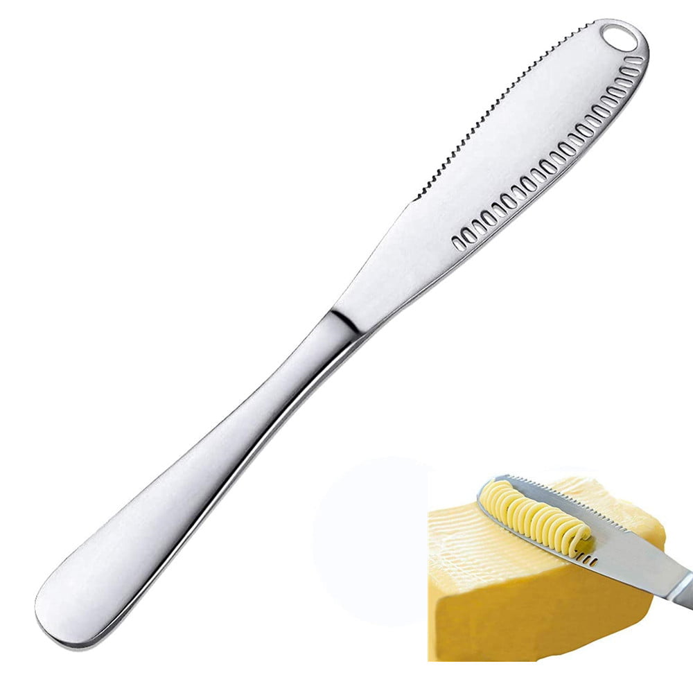 2 Pack Silver 3 in 1 Butter Knife Multi-Function Stainless Steel Butter Curler & Spreader with Serrated Edge shredding Slots for Cutting Vegetables Fruit Cheese 