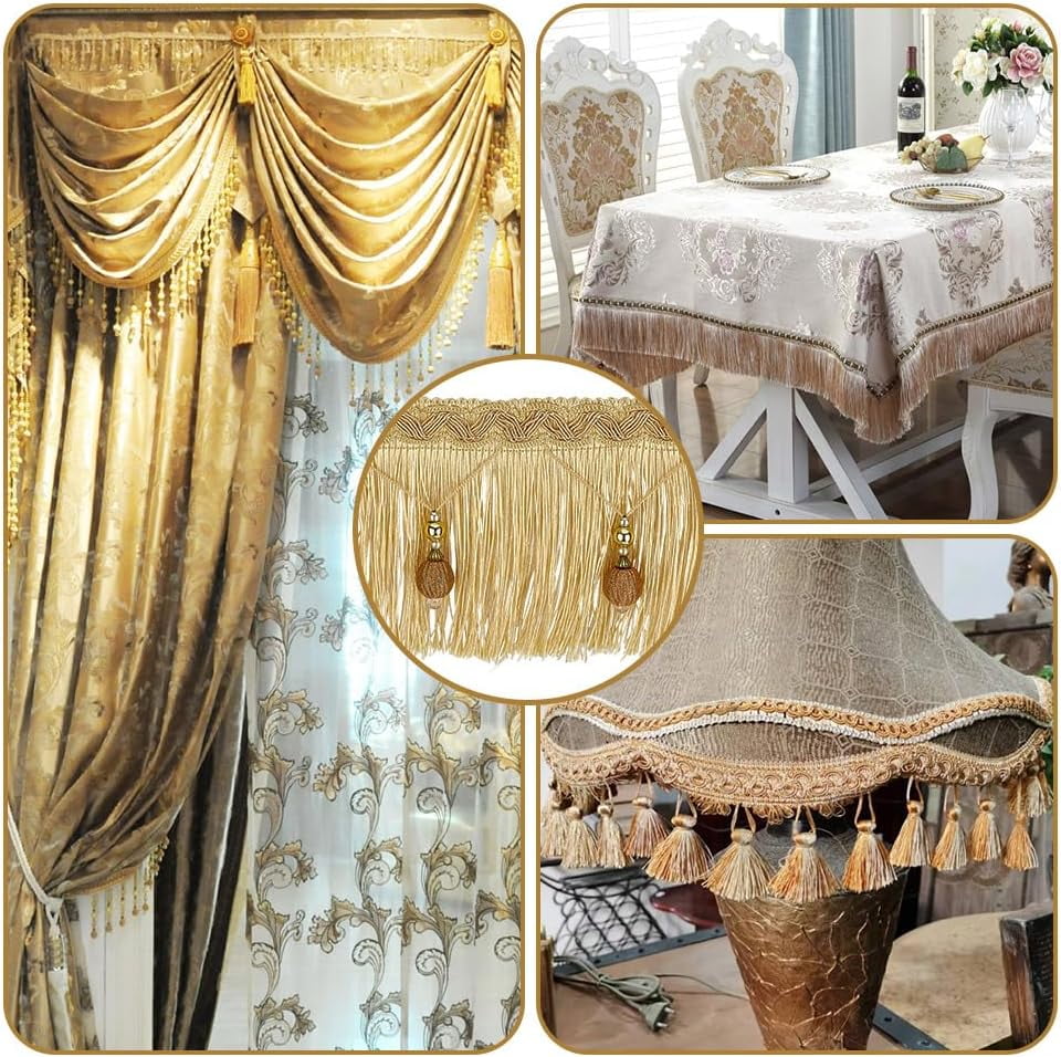 6m/6.6 Yards Hanging Beads Fringe Trim 4.4 Inch Wide Beaded Tassel Lace Gold Bead Fringe Ribbon Hanging Ball Fringe Trim Ribbon for DIY Crafts Clothing Curtain Table Home Decor Gold