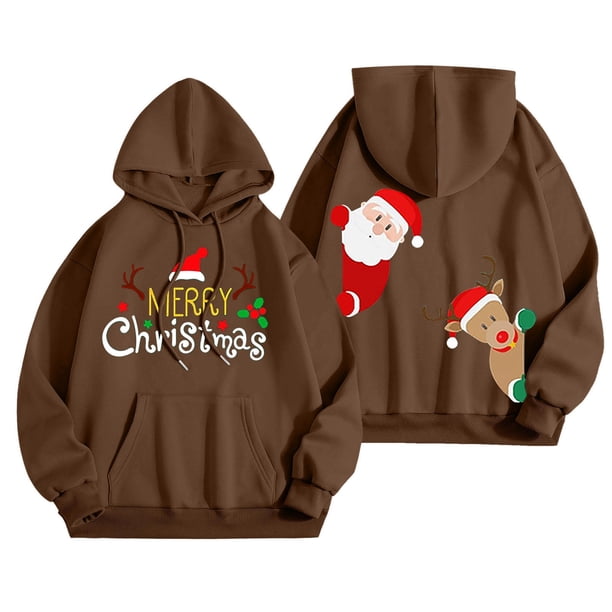 WILLBEST Sudadera con Capucha Merry Christmas para Mujer Sudadera con Capucha con Estampado Navideño Divertido Camiseta Navideña Informal de Manga Larga 357 Grande