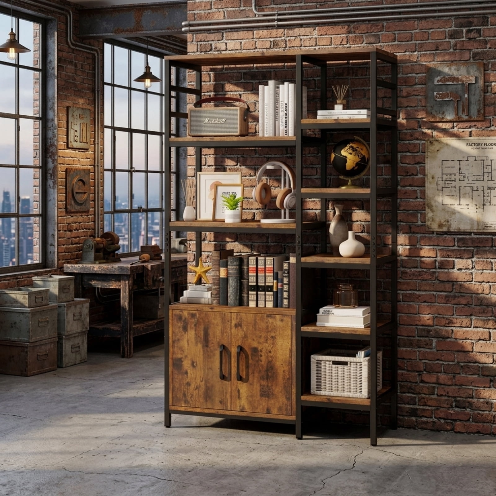 Furnibear Double Wide 8-Tier Bookshelf with 2-Door Cabinet for Living Room Home Office for Living Room Home Office Bedroom Display, Rustic Brown