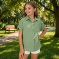 thumbnail image 2 of Aihuaihua Boys Button Down Linen Shirt Short Sleeve Tops for Girls Summer Beach Casual Collared Blouse Soft Tunic Tees with Pocket Green 7-8 Years, 2 of 7