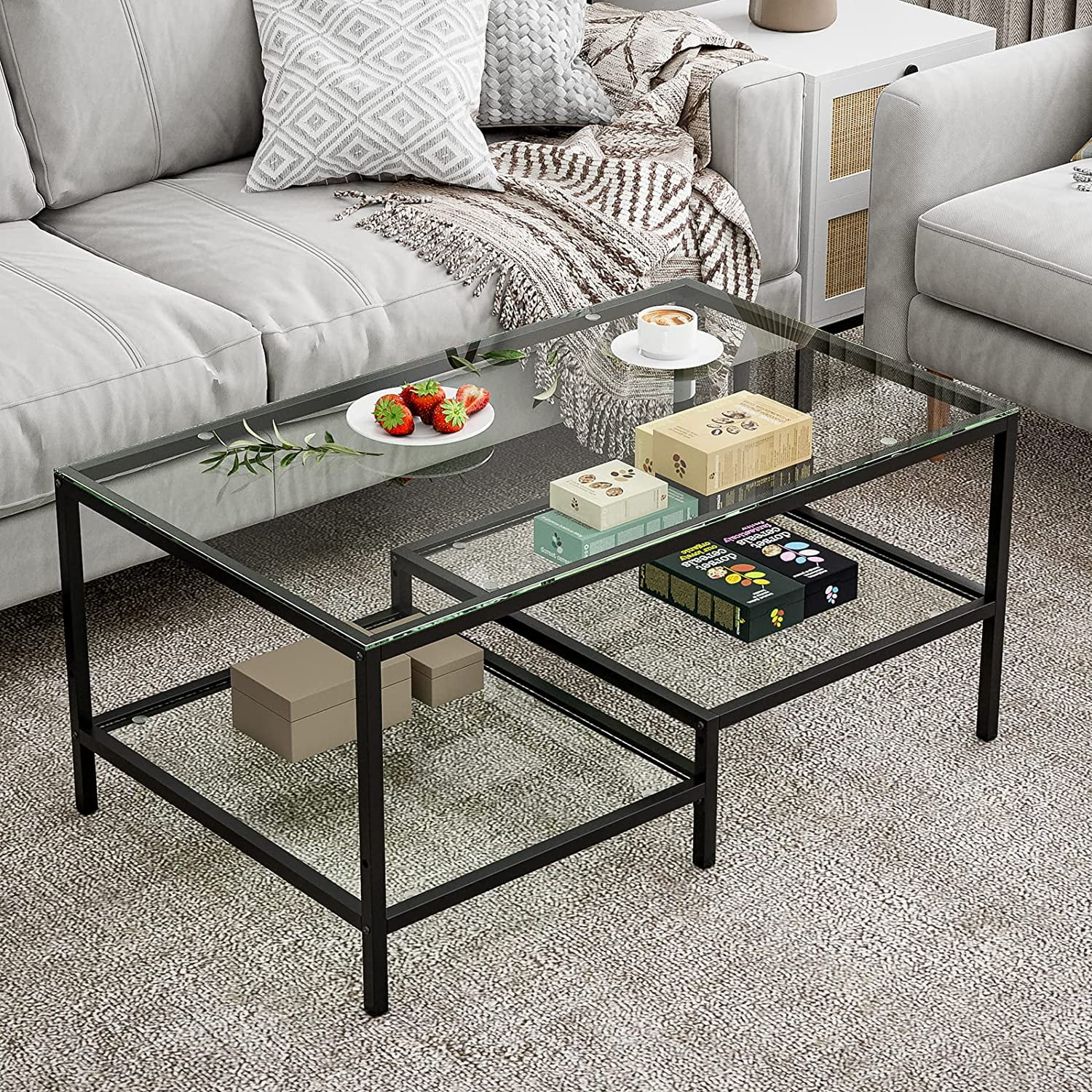 IKIFLY Rectangular Glass Coffee Table, Metal Frame Center Table with 2