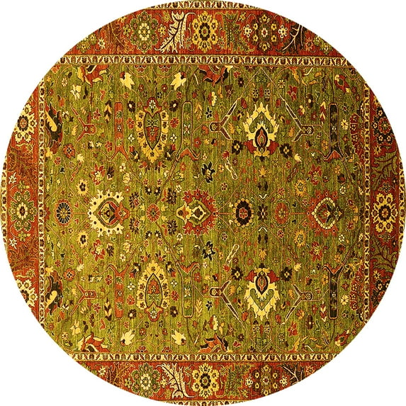 Ahgly Company Machine Washable Indoor Round Oriental Yellow Industrial Area Rugs, 5' Round