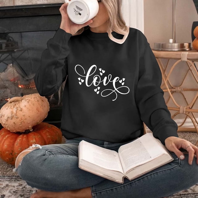 Qertyioot T-Shirt Graphique pour Femmes de la Saint-Valentin à Manches Longues, Chandail d Haut Imprimé à Col Rond à la Mode