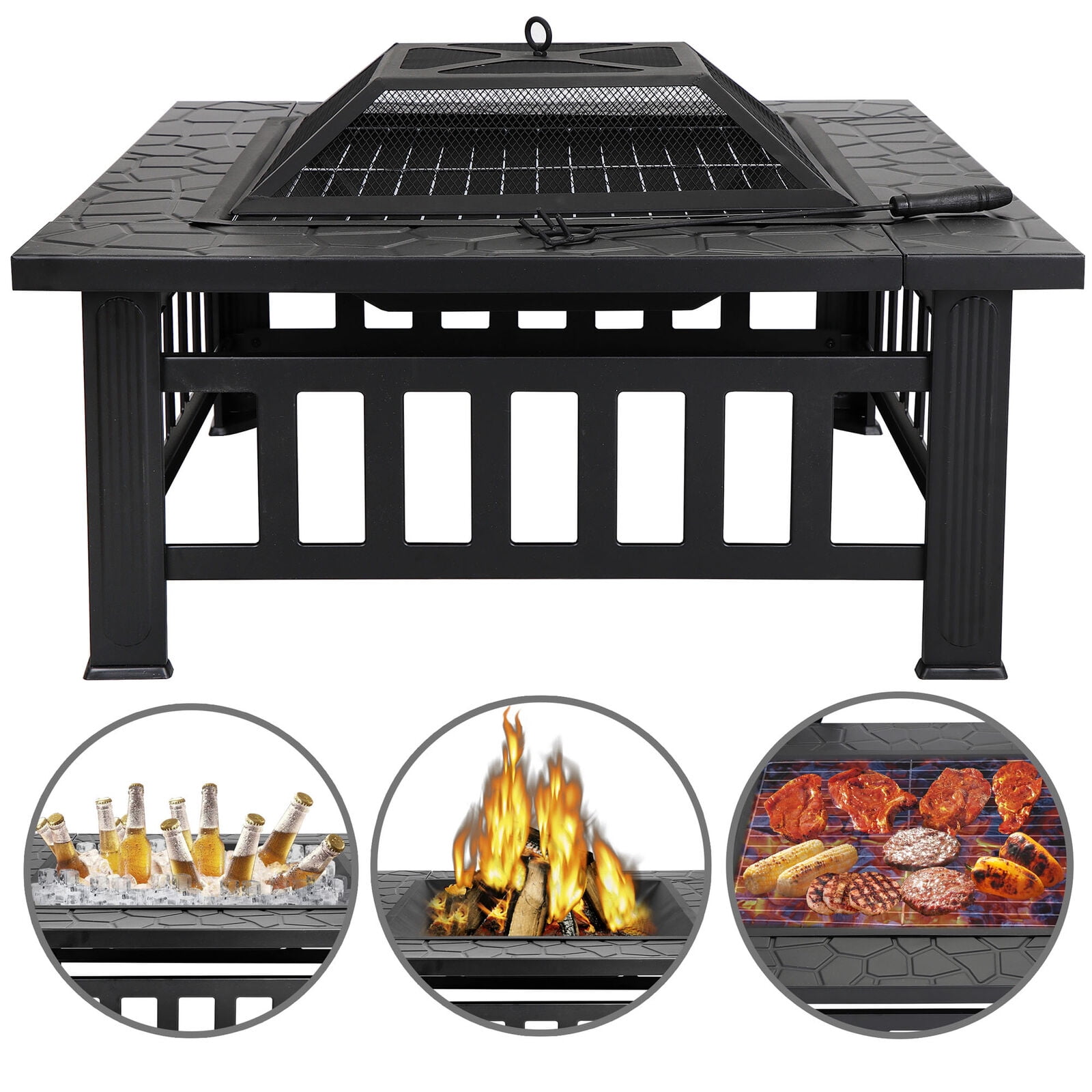 Metal Firepit Backyard 32" Square Patio Garden Stove Fire Pit W/Cover Outdoor