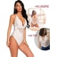 thumbnail image 3 of Lencería de entrepierna para mujer, body de encaje sexy con escote en V profundo, picardías de encaje de una pieza, pequeño blanco-(con entrepierna a presión) Jormftte WRMH-261-4, 3 of 7