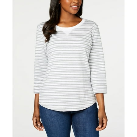 Karen Scott Women's Striped 3/4 Sleeve Sweatshirt Gray Size PS