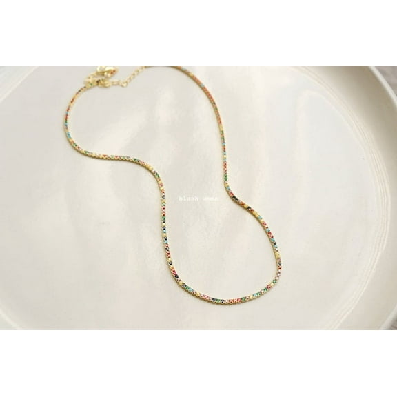 925 Silver Colorful Tiny Crystal Pave Rainbow Tennis Necklace in 14k gold plating | Sterling Silver Clavicle Dainty Minimalist Jewelry | Chain Bridesmaid Best Friend Gift