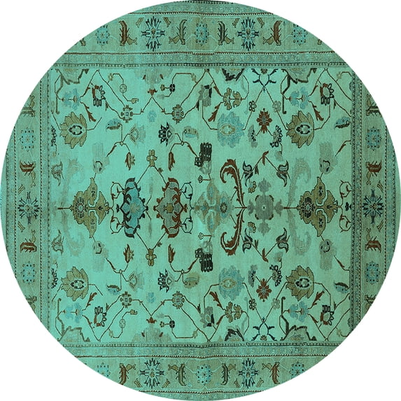 Ahgly Company Machine Washable Indoor Round Oriental Turquoise Blue Industrial Area Rugs, 8' Round