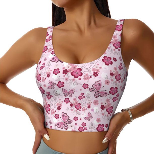 Fotbe Flower Butterfly Sujetador Deportivo Largo sin Aros para Mujer con Almohadillas y Soporte Medio, Transpirable y Absorbente, Camiseta Tipo Chaleco o Tank Top-Medium