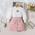 thumbnail image 3 of Toddler Girl Outfits Long Sleeve Puff Sleeve Ribbed Tops Button Plaid Skirts 2Pcs Princess Set Clothes Pink 3 Years-4 Years, 3 of 3