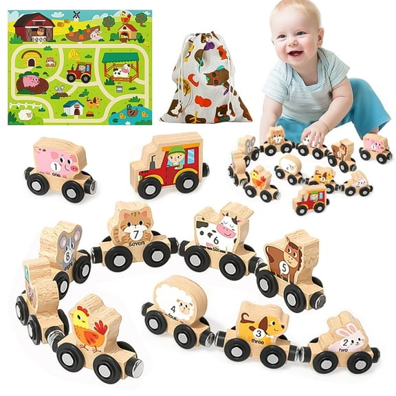 Toys for 1 2 3 Year Old Girls Boys, Wooden Farm Animals Train Set, Toddler Educational Toy,  Montessori Learning Toys Ages 1-3
