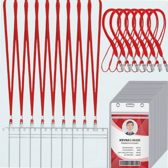 100 Pieces Lanyards for ID Badges and 100 Pieces Id Holder Badges Name Tags, Flat Neck Lanyards with Clip Waterproof Clear Plastic Resealable Vertical Name Tag Badge ID Card Holders (Red)