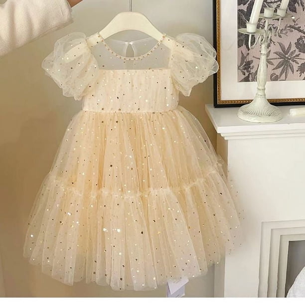 Vestido de princesa para niñas, vestido de verano de alta gama, vestido para niñas pequeñas con mangas abullonadas, falda de malla con lentejuelas, 6Y40