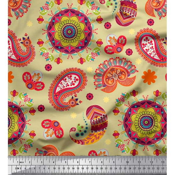Soimoi Velvet Fabric Mandala & Paisley Ethnic Print Fabric by the Yard 58 Inch Wide