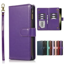 Dteck for Samsung Galaxy S25 Wallet Case, PU Leather Phone Case Women Men Kickstand Flip Cover Wrist Strap Zipper Pocket 9-Credit Card Slots,Purple