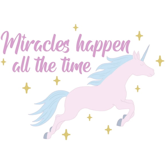 Miracles Happen All The Time - 20" x 27" Vinyl Home Art Inspirational Quotes Decoration Multicolored Unicorn Silhouette Design Adhesive Wall Decal - Removable Kids Bedroom Nursery Wall DÃ©cor Sticker