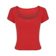 thumbnail image 2 of WREESH Women's Fashion Square Neck Crop Top Solid Short Sleeve Casual Top Stylish Summer Slim Top Red, 2 of 5