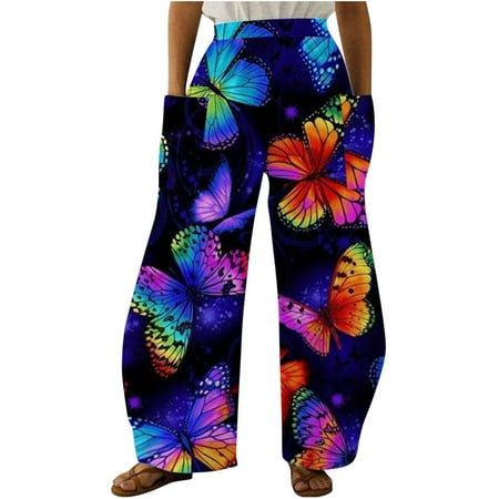 

Butterefly Print Pajama pants for Women Loose fit Wide Leg Pants Lounge Stretchy Boho Pants Leisure Drawstring Long Pants