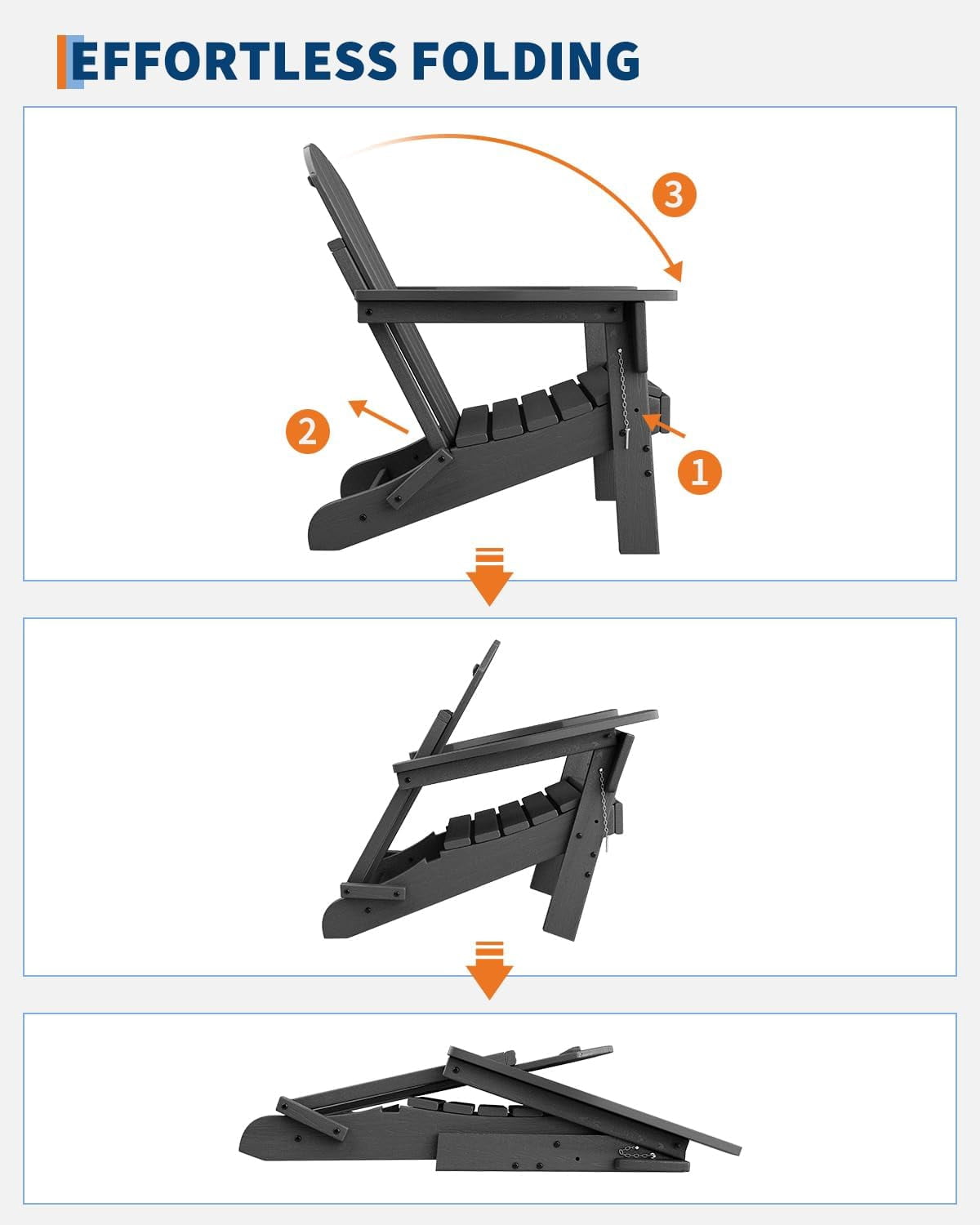 Folding Adirondack Chairs Set of 2, HDPE Plastic Outdoor Chairs with Wood Texture 380 LBS & Weather Resistant for Fire Pit, Deck, Patio, Pool, Backyard Black