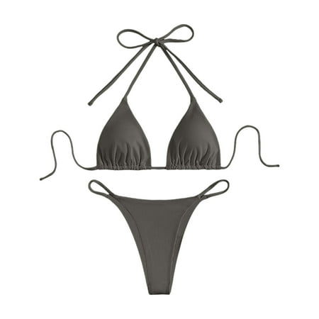 Jdkau Bikini Sets for Women Two Piece Triangle Bikini Set Sexy High Waisted Cheeky Swimsuit Halter Tie Back Bathing SuitsGrey L
