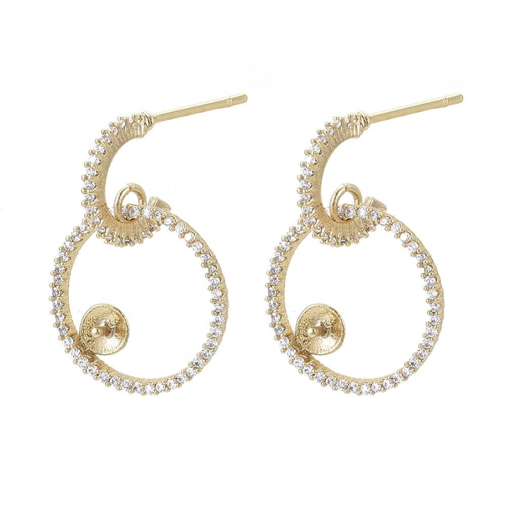 Brass Micro Pave Cubic Zirconia Stud Earring Findings for Half Drilled Beads Ring Shape Real 18K Gold Plated Clear 25mm Pin: 0.7mm