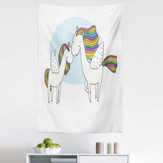 Cartoon Tapestry, Pegasus Horses with Manes in Rainbow Colors and Wings Mythological Tale, Fabric Wall Hanging Decor for Bedroom Living Room Dorm, 5 Sizes, Multicolor, by Ambesonne