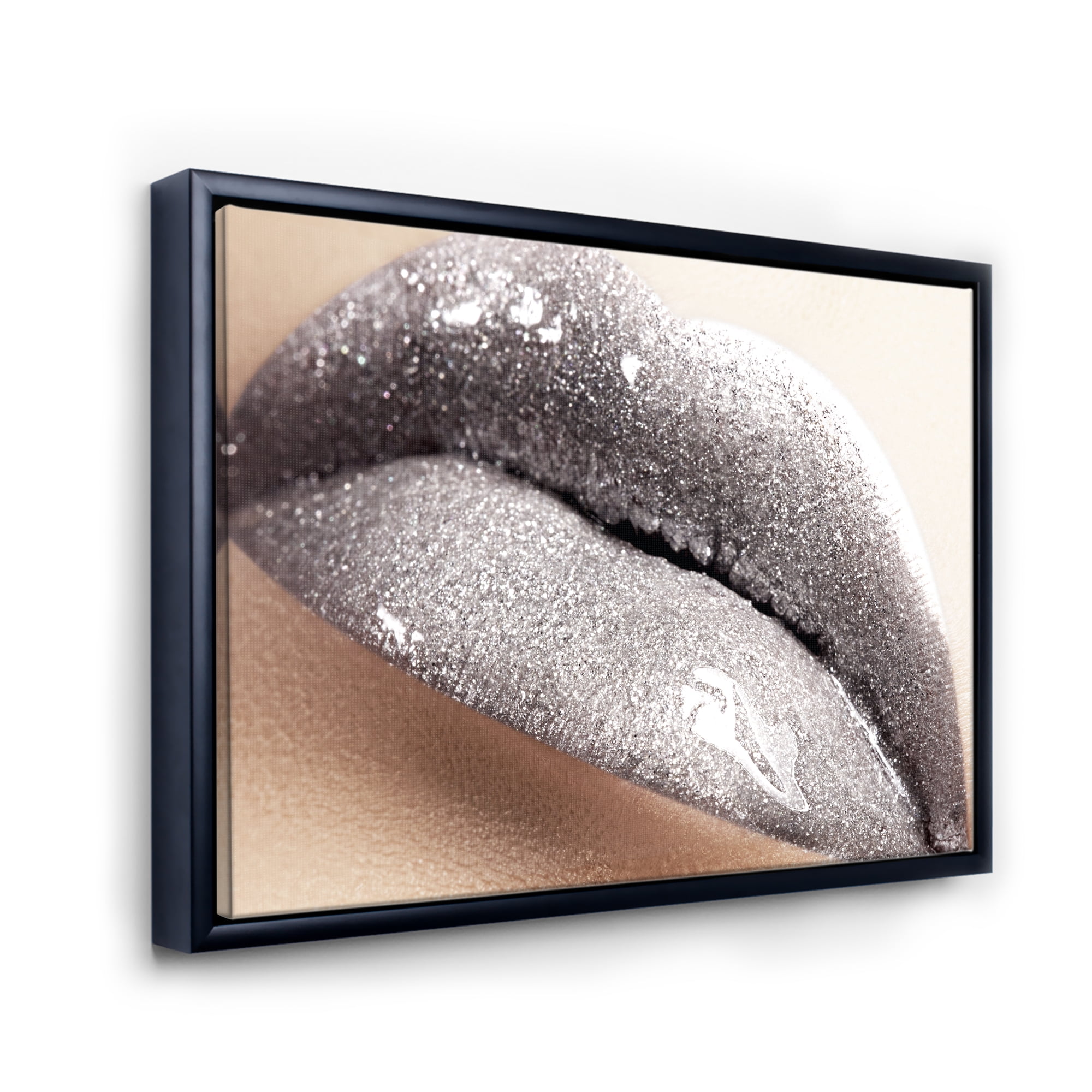 Designart 'Close Up of Female Lips With Glittering Silver' Modern Framed Canvas Wall Art Print