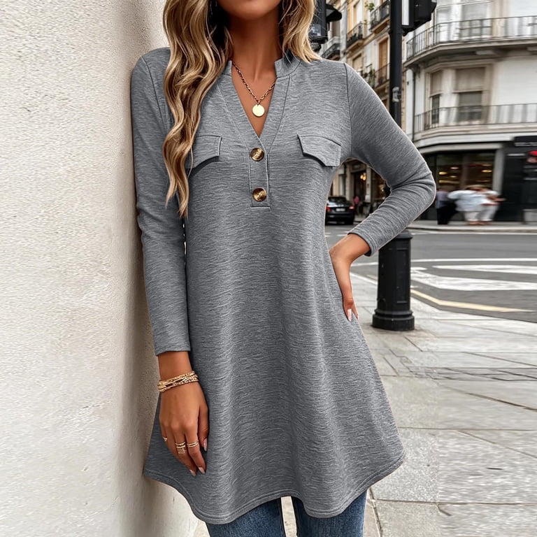 YHAJDS Womens Long Sleeve T Shirts Fall Basic V Neck Fake Pocket Tunic ...