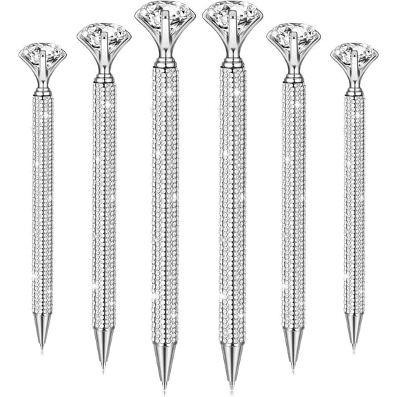 6 Pcs Big Diamond Pens with Crystal Bling Rhinestone Metal Glitter Diamond Ballpoint Black Ink Pens Wedding Bridal Shower Favors for Birthday Gift Supplies