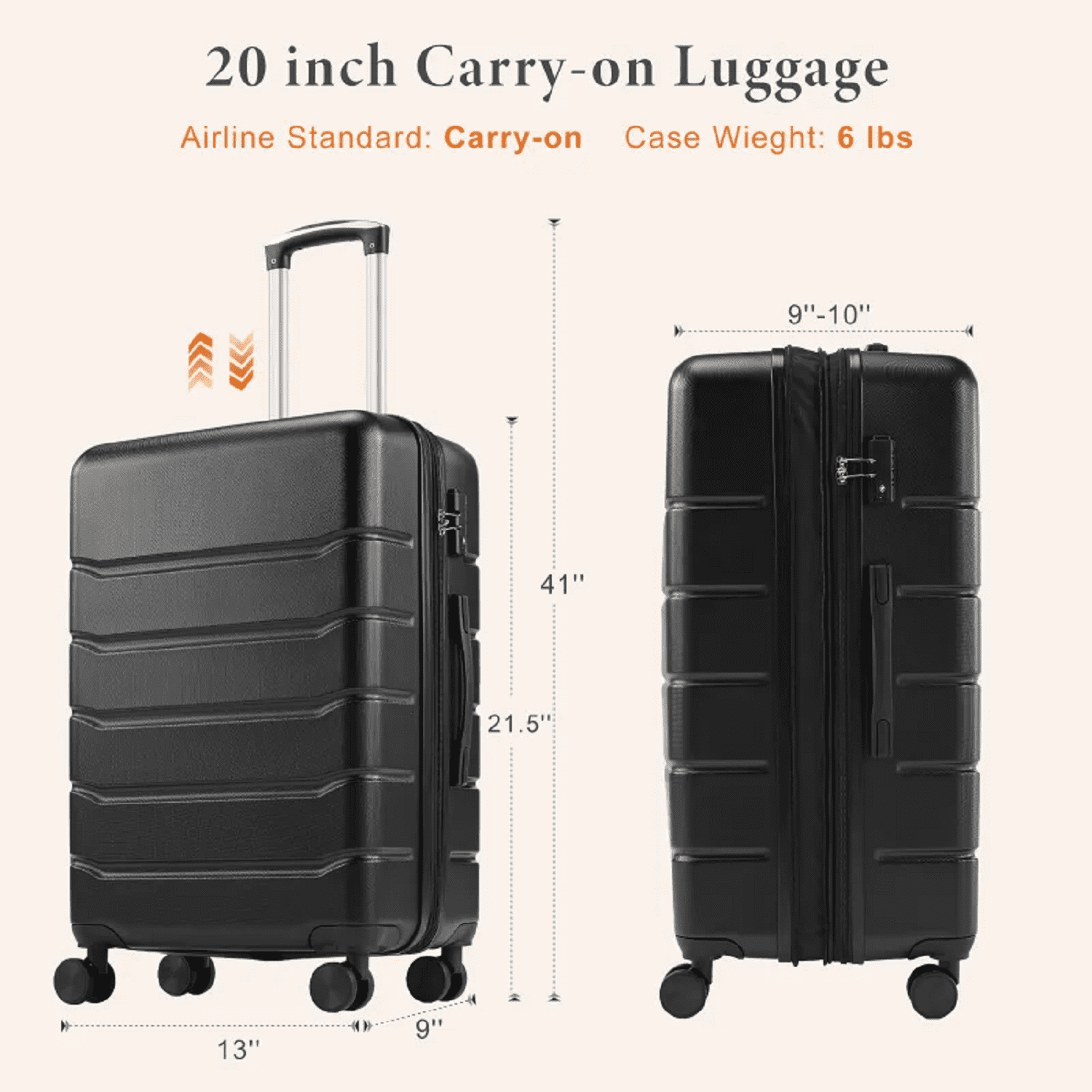 OCHAPA  20" Carry On Suitcase - Hardshell, Lightweight, TSA Lock, 360° Spinner Wheels, Black