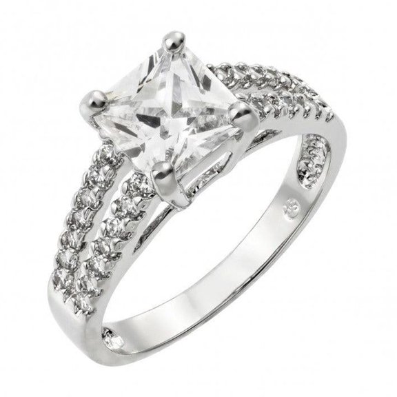 Sterling Silver 925 Rhodium Plated Clear Princess Cut Inlay Ring White CZ Jewelry Female Size 6