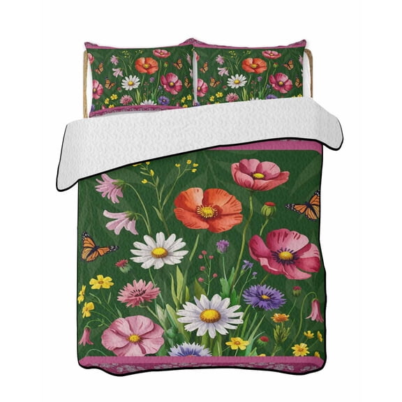 Quilt King Size Bedding Set, Spring Flowers Reversible Summer Quilt 3 Pieces, Purple Boho Farmhouse Botanical Florals Lightweight Bedspreads Coverlets with 2 Pillow Shams for All Seasons