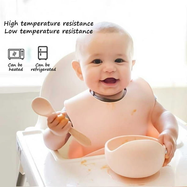 1set Silicone Baby Feeding Bowl Set Baby Learning Dishes Suction Bowl Set Wood Spoon Non Slip Blue