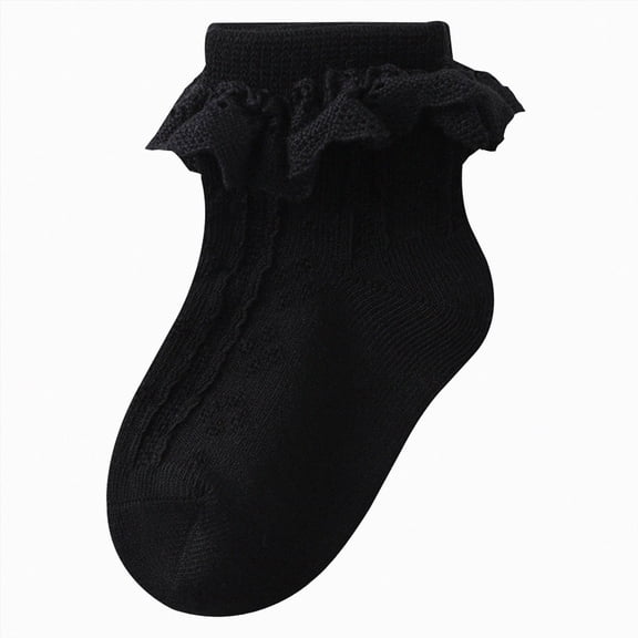 enyan Toddler Girls Ruffle Lace Trim Cotton Socks Eyelet Frilly Dress Socks Black,3-5 Years